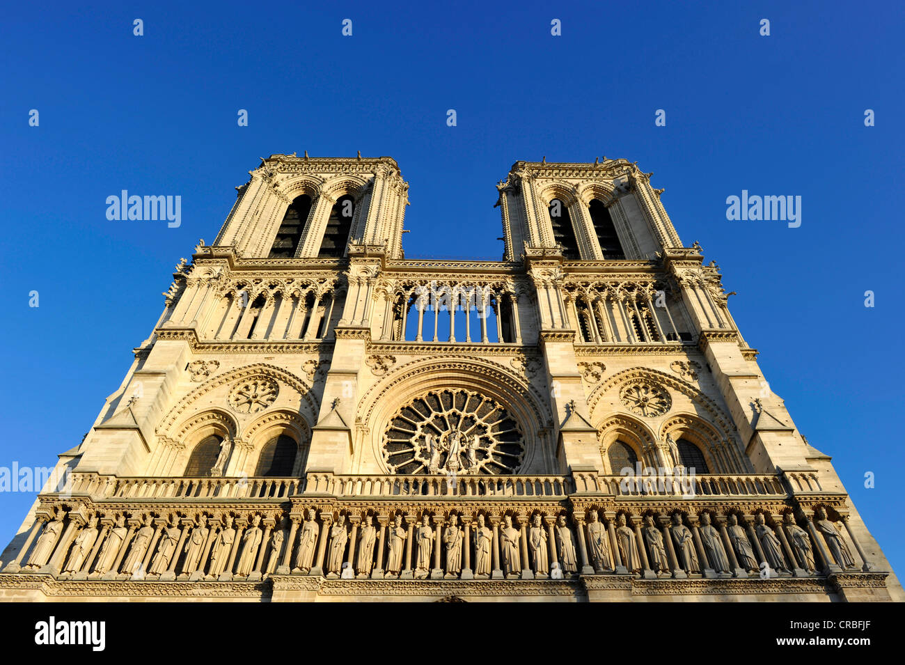 La facciata occidentale, statuaria gotica sul portale principale, la cattedrale di Notre Dame de Paris, Ile de la Cite, Parigi, Francia, Europa Foto Stock