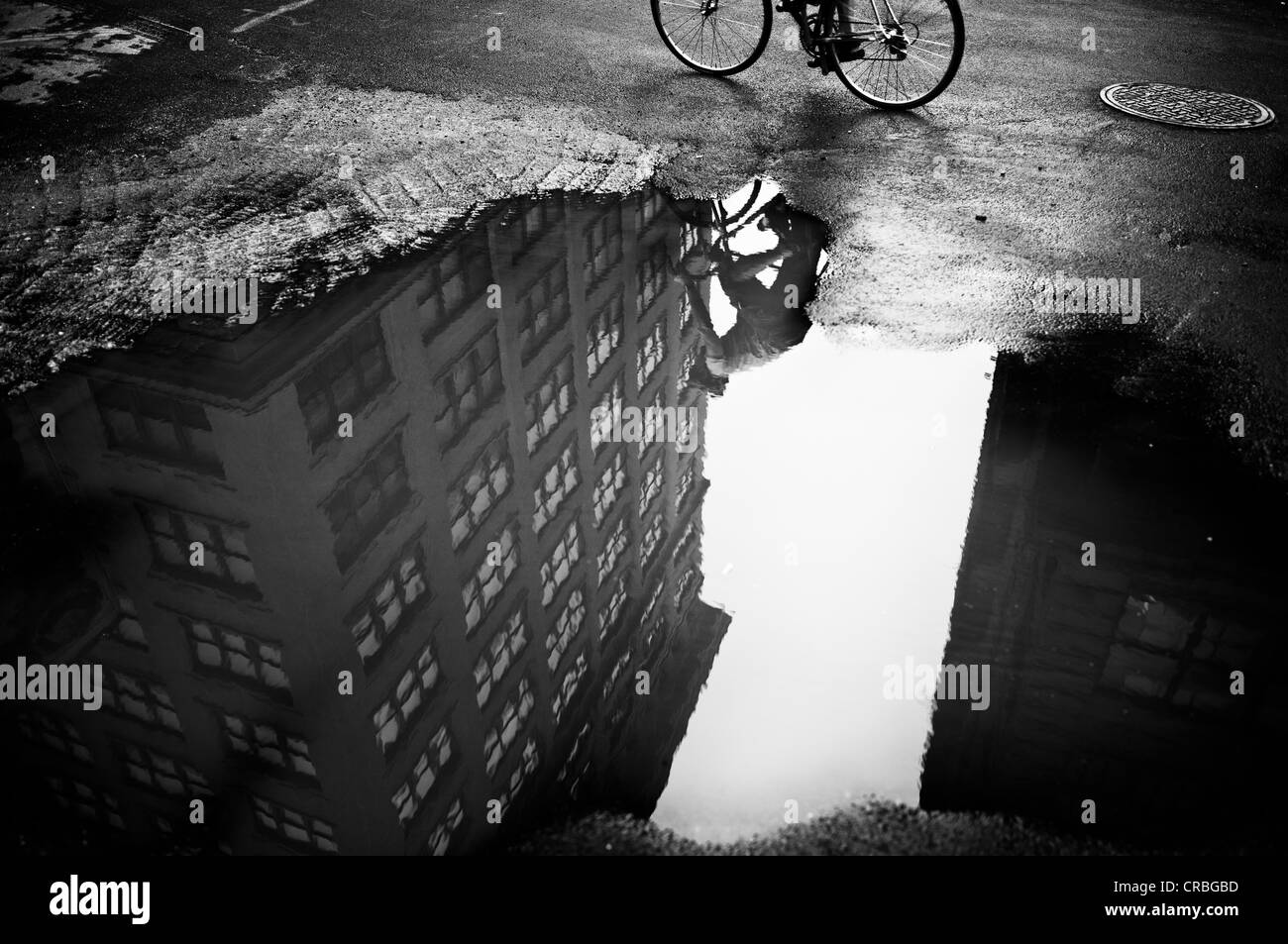 Pozza riflettendo una casa, ciclista, Brooklyn, New York, New York, Stati Uniti d'America Foto Stock