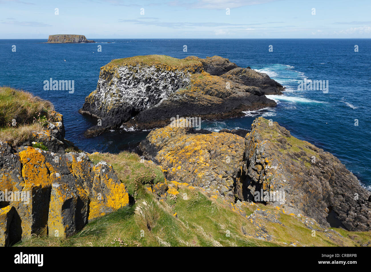 Vista dall'isola di Carrick-a-Reed alla pecora Isola, County Antrim, Irlanda del Nord, Regno Unito, Europa Foto Stock