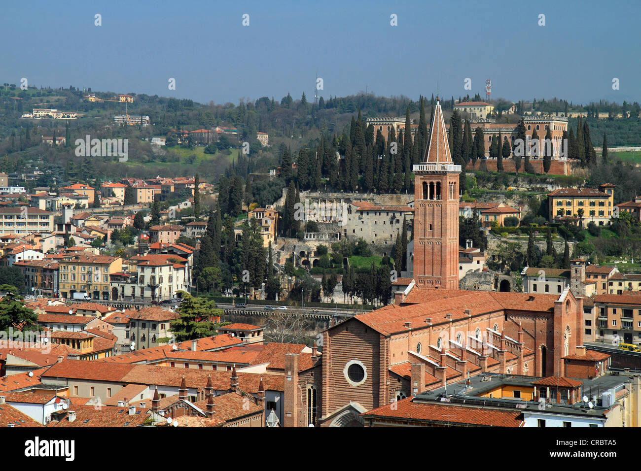 Vista dalla Torre dei Lamberti verso la chiesa di Sant'Anastasia e le colline di San Pietro, Verona, Veneto, Italia, Europa Foto Stock