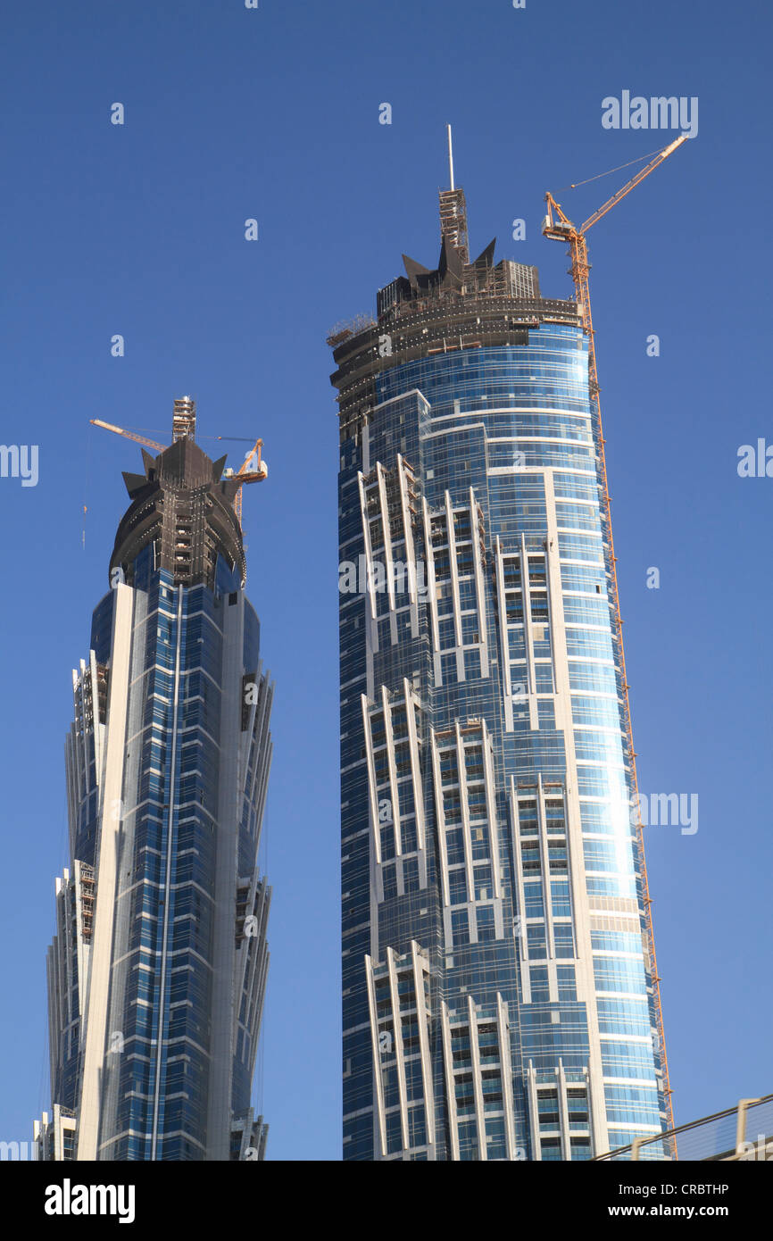 Grattacieli in costruzione, Business Bay, a Dubai, Emirati Arabi Uniti, Medio Oriente Foto Stock