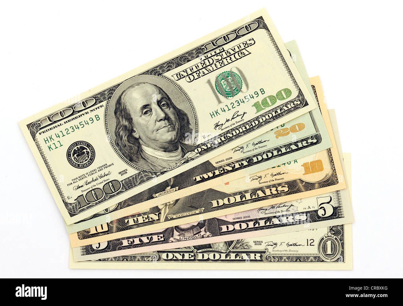 1, 5, 10, 20 e 100 US Dollar Bills Foto Stock