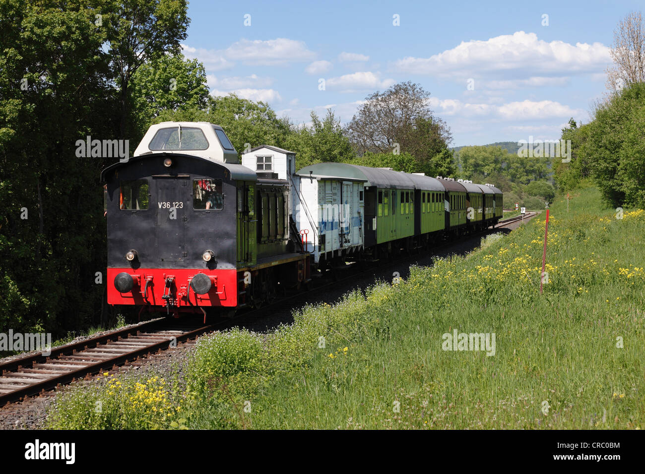 V36 locomotiva diesel, museo ferroviario vicino Ebermannstadt, Svizzera della Franconia, Alta Franconia, Franconia, Bavaria Foto Stock
