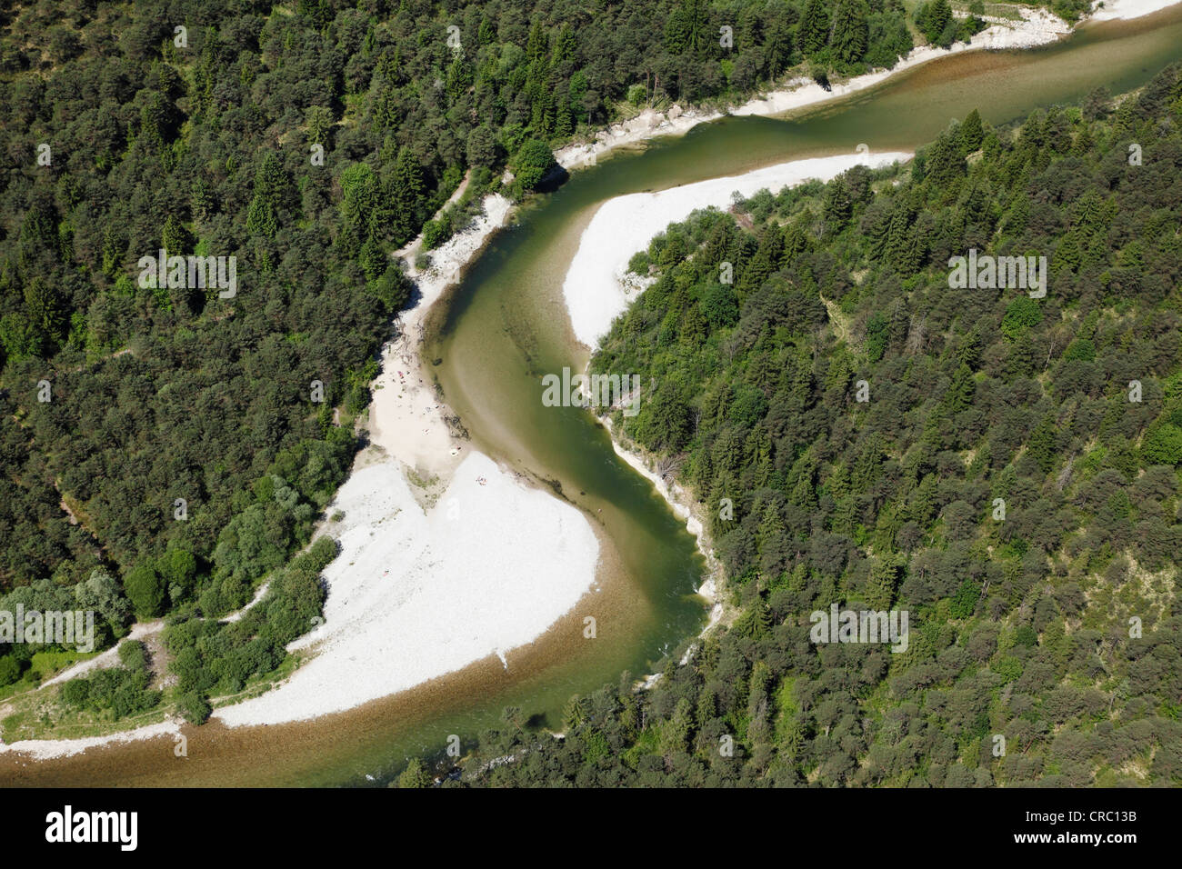 Vista aerea, fiume Isar con Pupplinger Au, golene, vicino a Wolfratshausen, Alta Baviera, Baviera, Germania, Europa Foto Stock