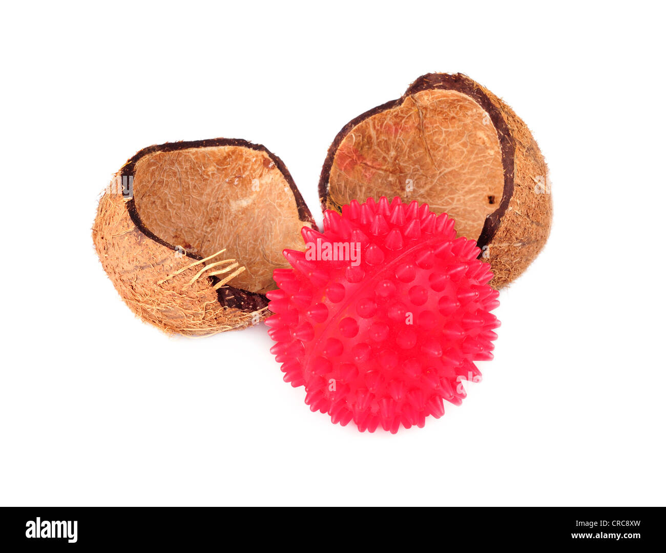 Gusci di noce di cocco con sfera rossa isolatet su un backround bianco Foto Stock