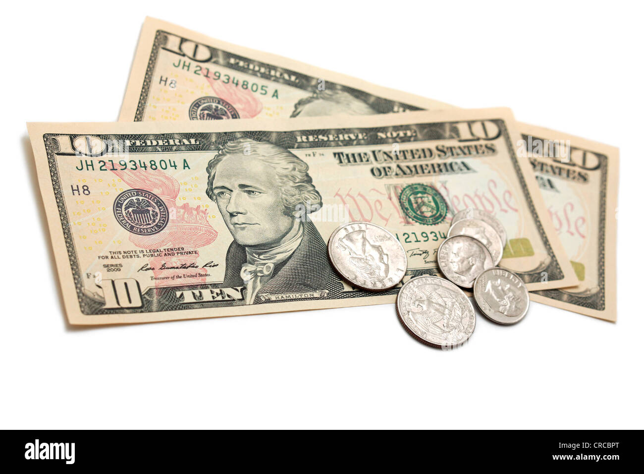 Le fatture del dollaro e delle monete metalliche in euro e valuta US Dollari Foto Stock