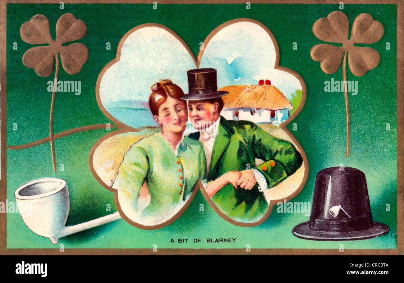 Un po' di Blarney - vintage scheda irlandese con amorevole giovane, tubi e quattro trifogli foglia Foto Stock