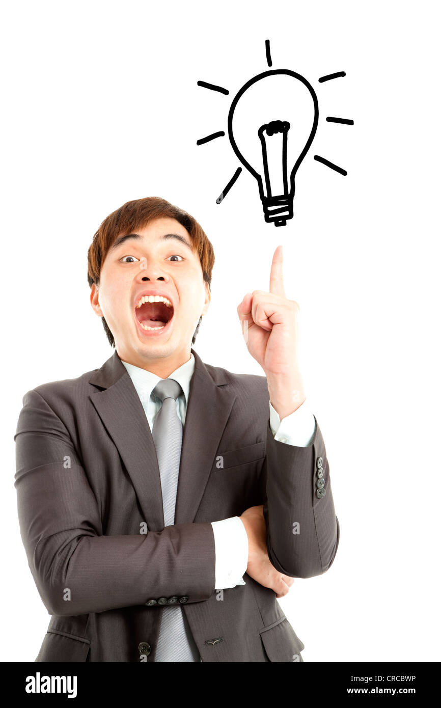 Ho avuto l'idea. imprenditore con la lampadina e il concetto di idea Foto Stock