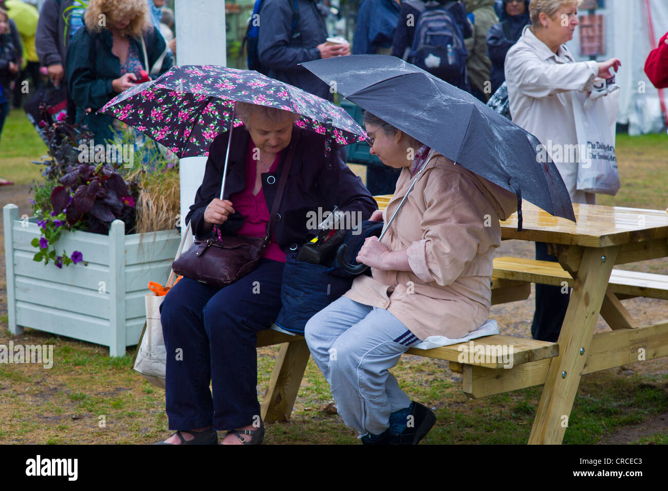 Due Signore seduto sotto gli ombrelloni su un banco di picnic a RHS Hampton Court Flower Show 2011 Foto Stock