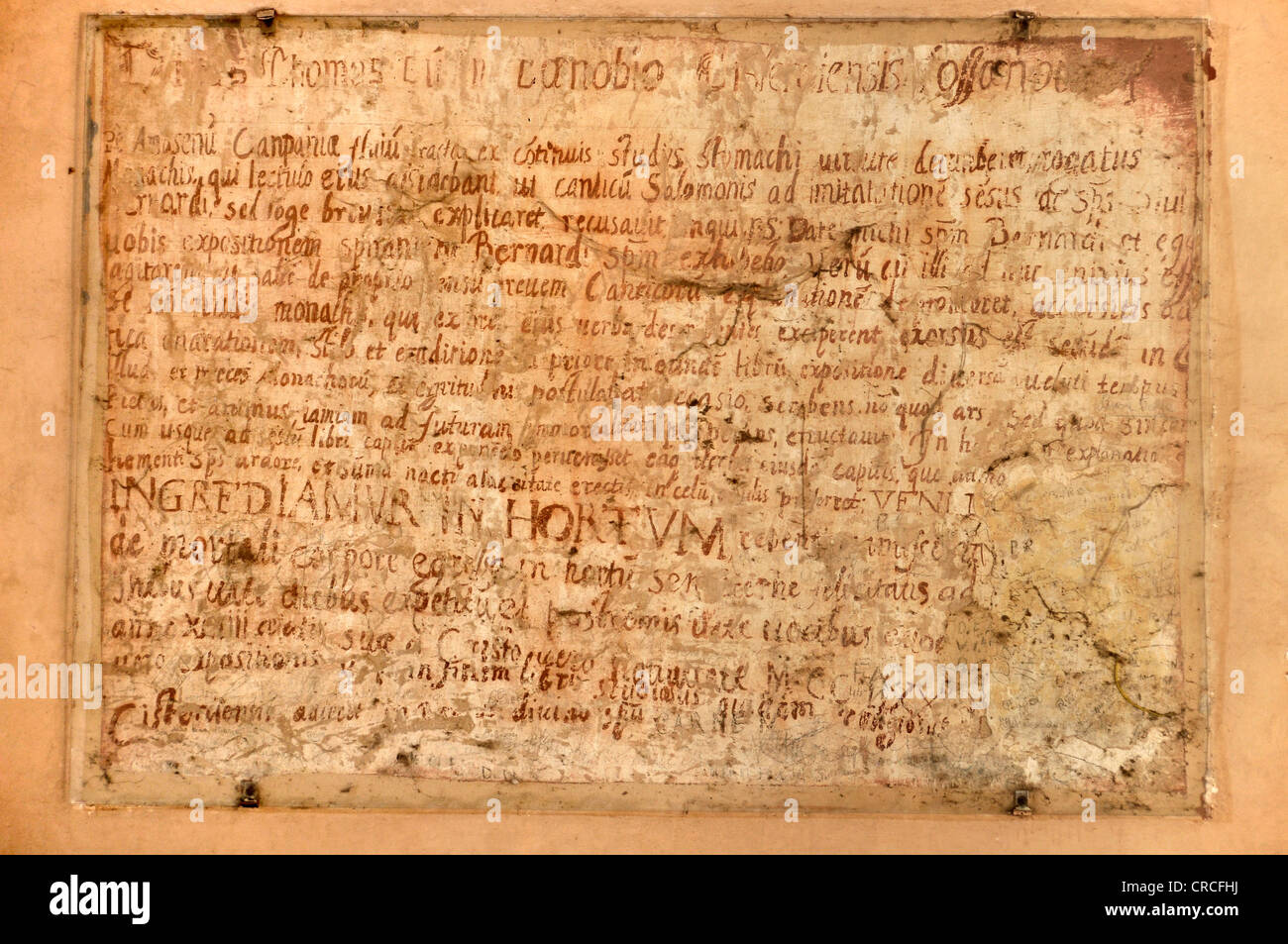 Tablet con scritto a mano il testo latino all'interno della cappella di San Tommaso d Aquino, la Casa di San Tomaso, gotica basilica di Foto Stock