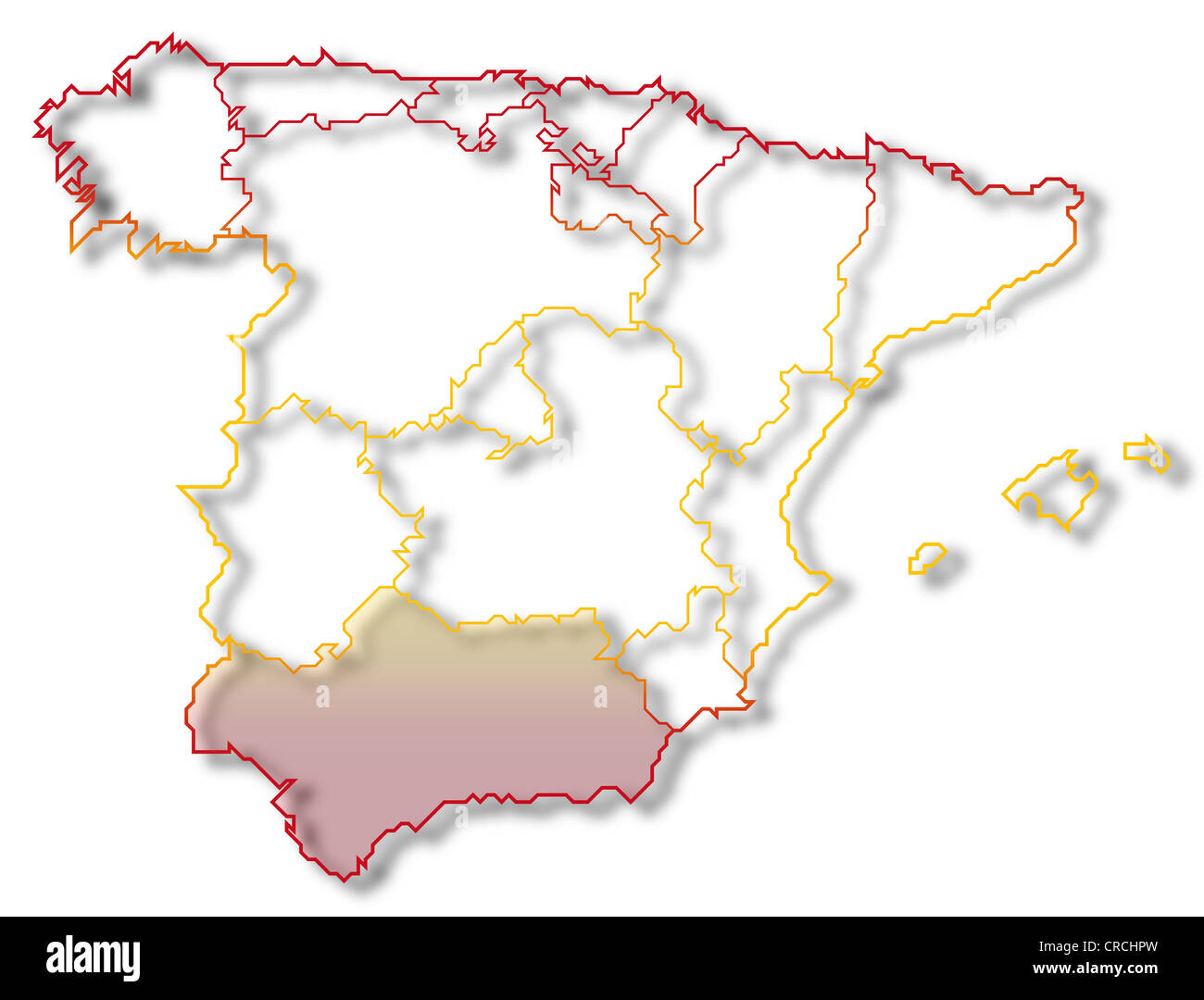 Mappa politica della Spagna con le diverse regioni in cui l'Andalusia è evidenziata. Foto Stock