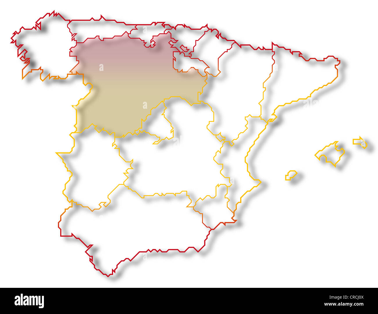 Mappa politica della Spagna con le diverse regioni dove Castiglia e León è evidenziata. Foto Stock