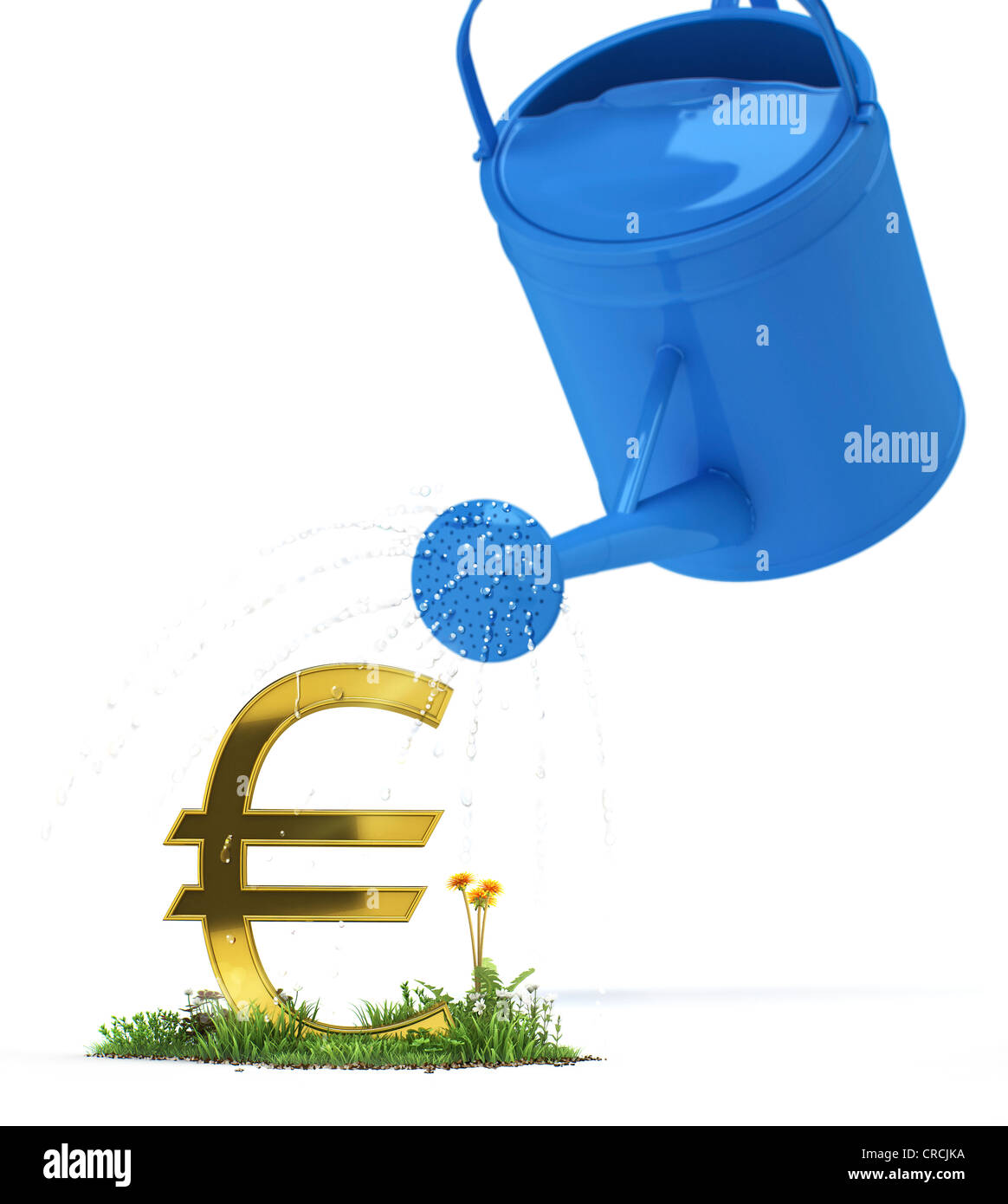 L'innaffiamento può versare acqua su un simbolo euro, immagine simbolica di un impianto di euro, illustrazione, visualizzazione 3D Foto Stock