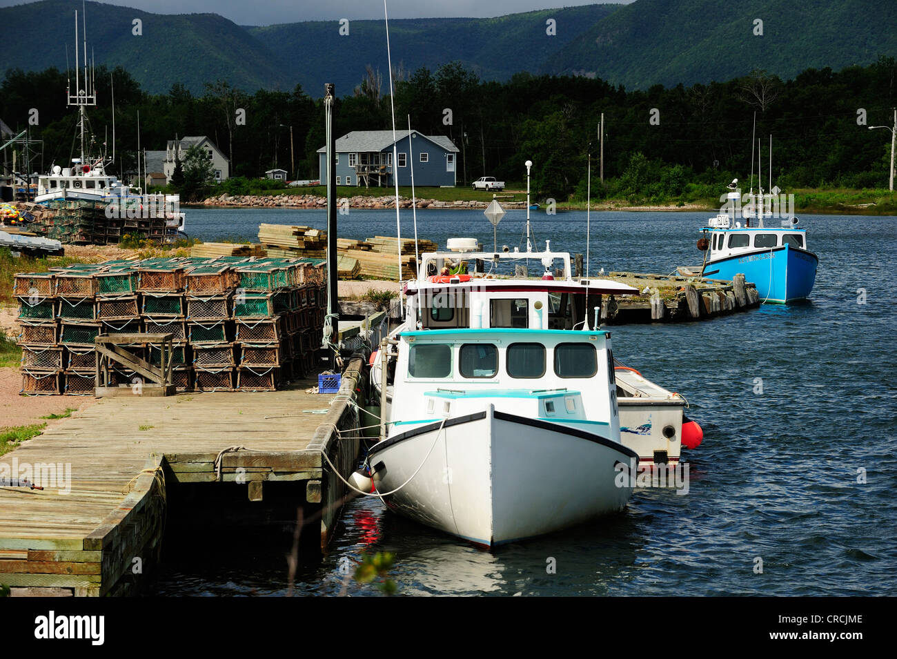 Barche da pesca in porto, Bay sulla costa orientale del Cape Breton National Park, Nova Scotia, Canada, America del Nord Foto Stock