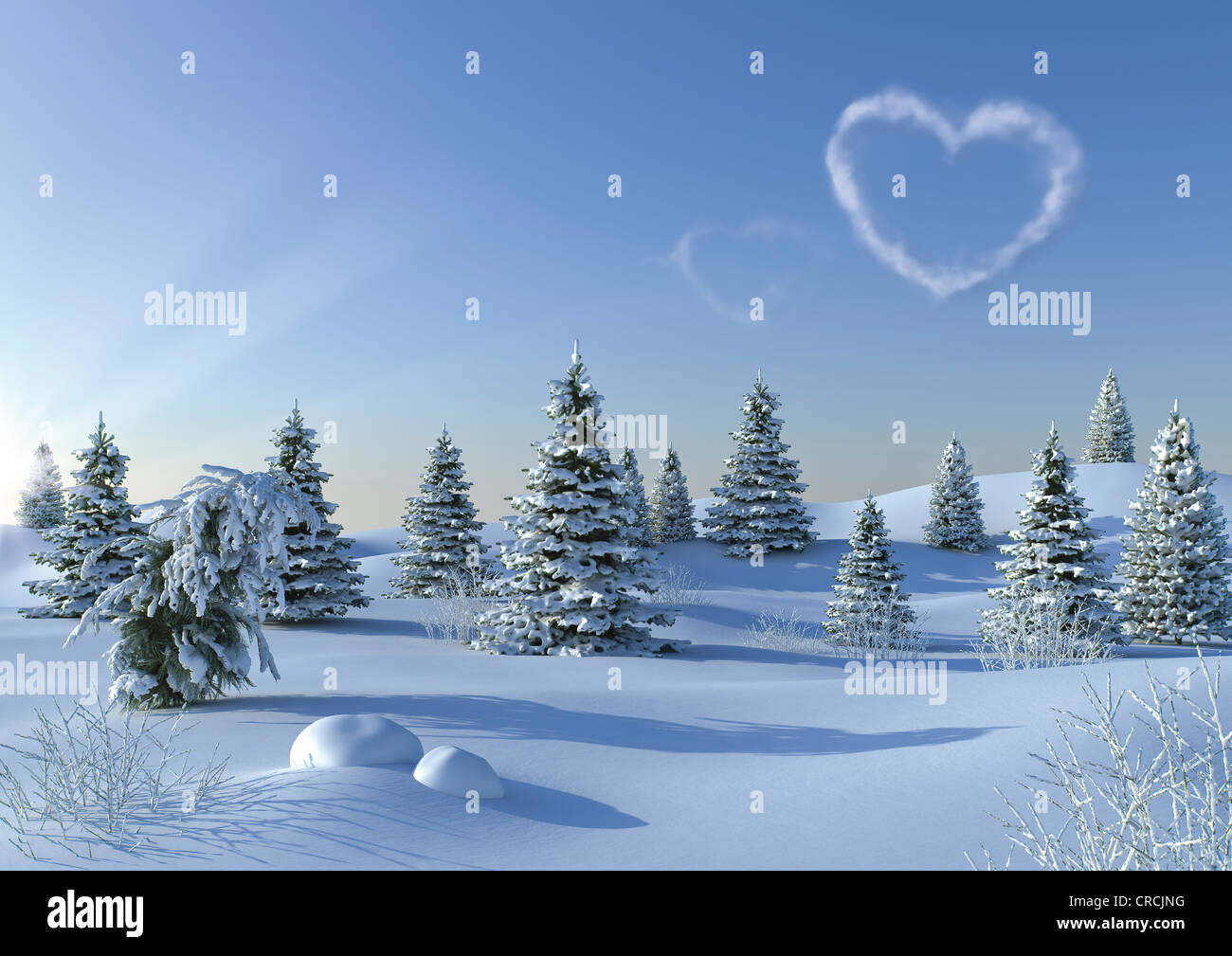 Paesaggio invernale con una a forma di cuore il cloud, illustrazione Foto Stock