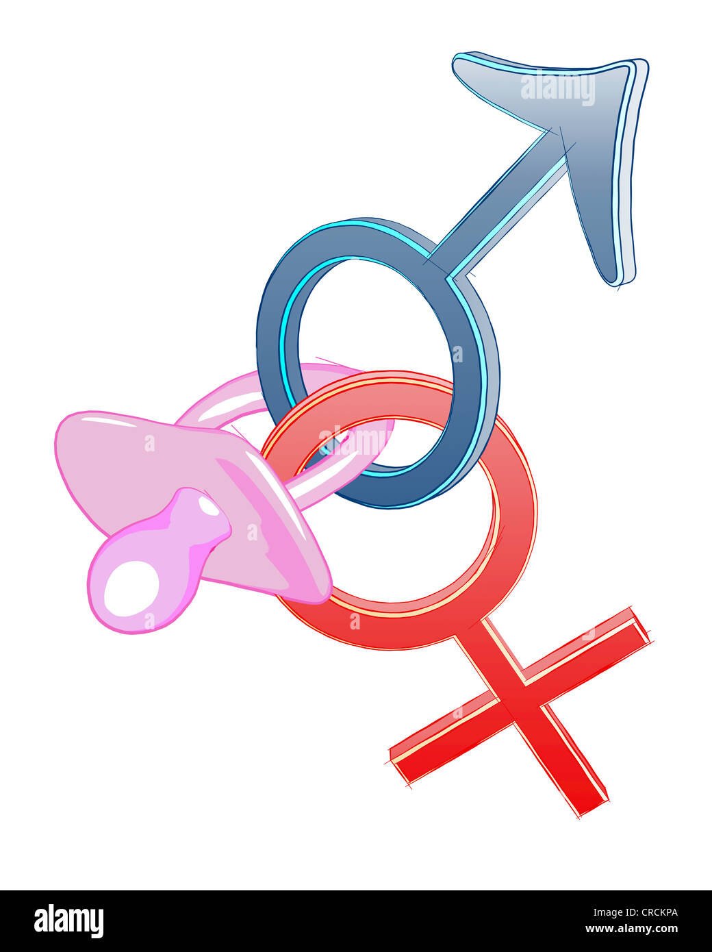 Succhietto su Marte e un simbolo di Venere, illustrazione immagine simbolica per una famiglia con un bambino Foto Stock