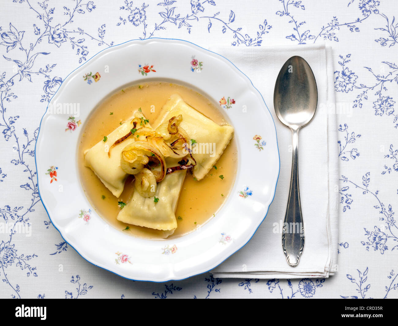 Piastra di zuppa con quadratini di pasta Foto Stock