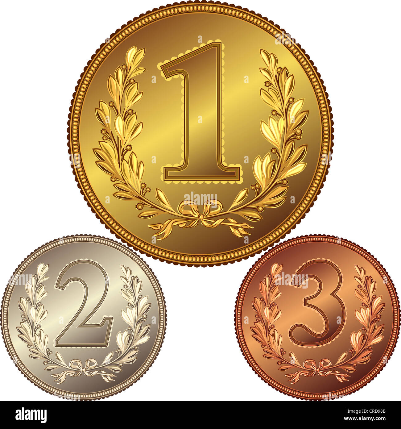 Oro, d'Argento e Medaglia di bronzo per vincere la concorrenza con l'immagine di una corona di alloro e il primo, secondo, terzo posto Foto Stock