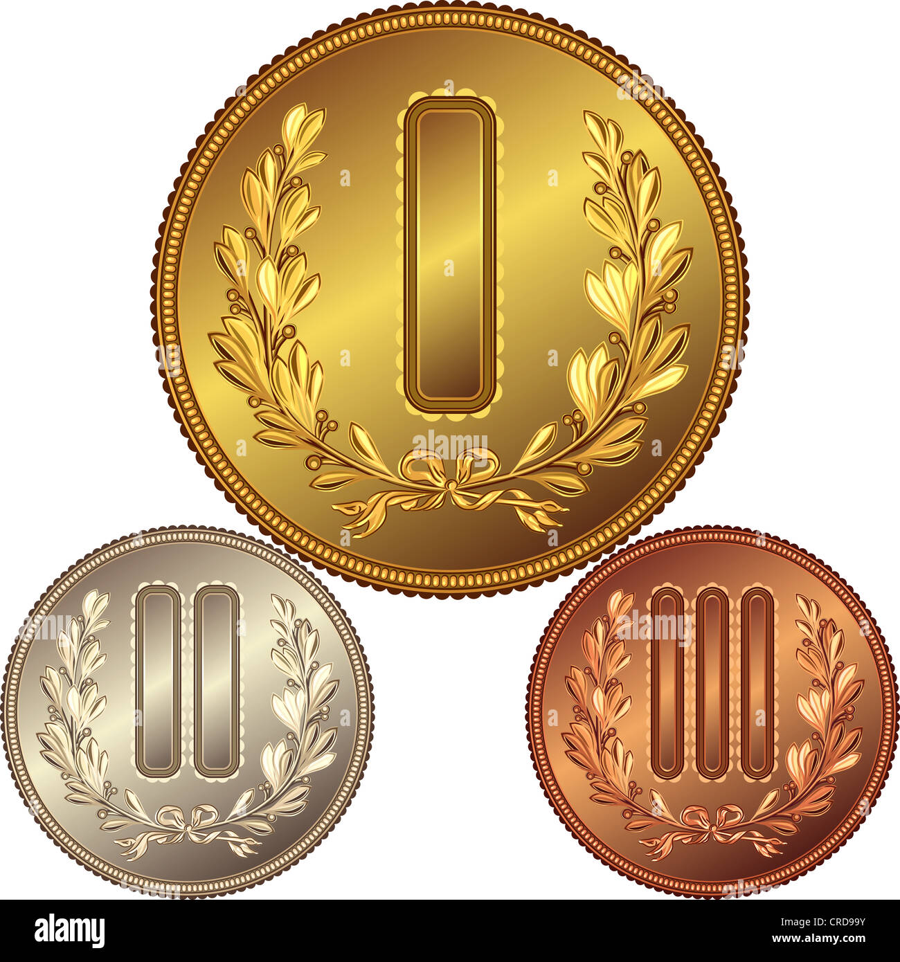 Oro, d'Argento e Medaglia di bronzo per vincere la concorrenza con l'immagine di una corona di alloro e il primo, secondo, terzo posto Foto Stock