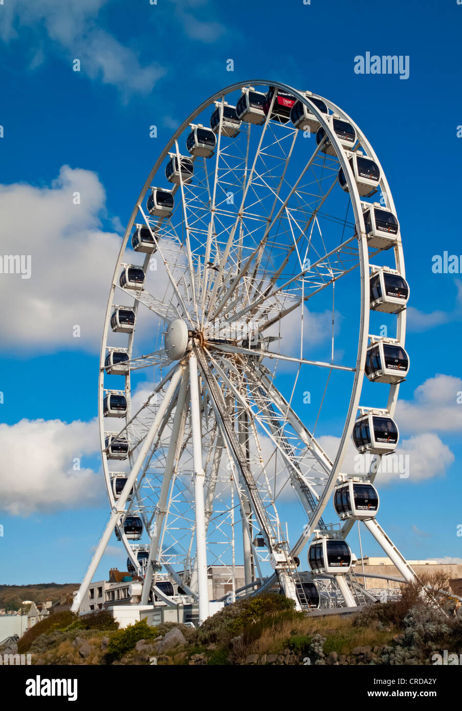 Grande ruota panoramica Ferris con cialde di osservazione e cielo blu dietro Foto Stock