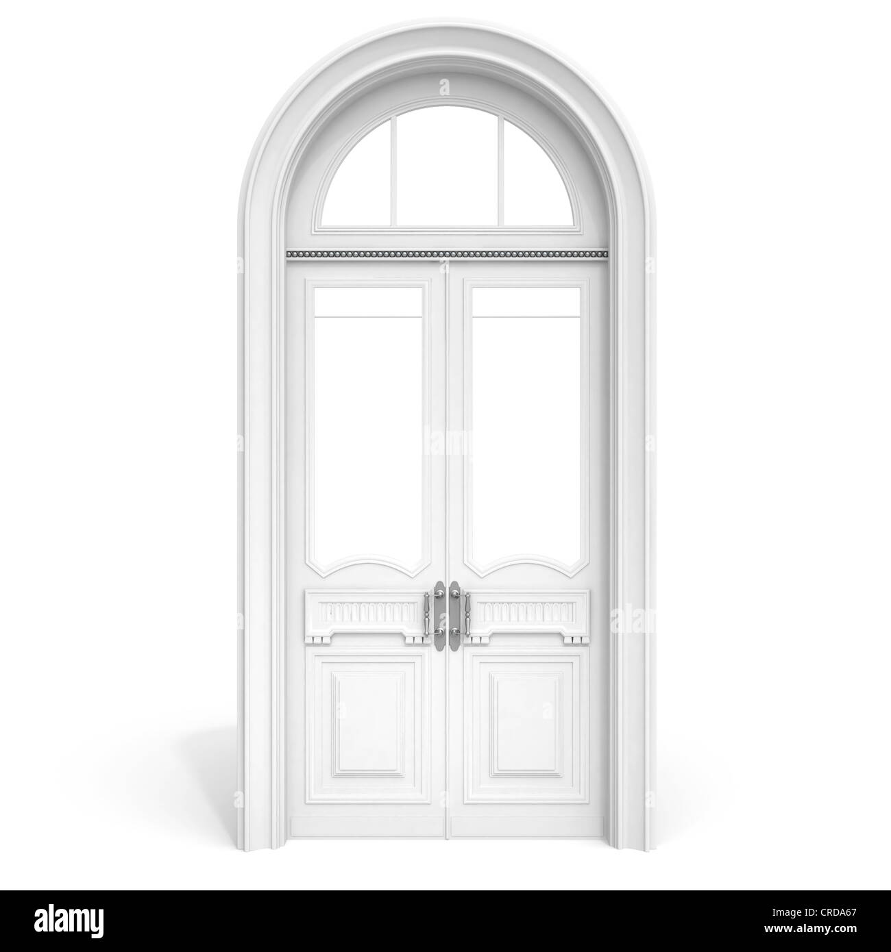 Architettura classica interni in stile oggetto: bianco porta in legno con vetro vuoto sezioni, isolato su bianco con ombra morbida Foto Stock