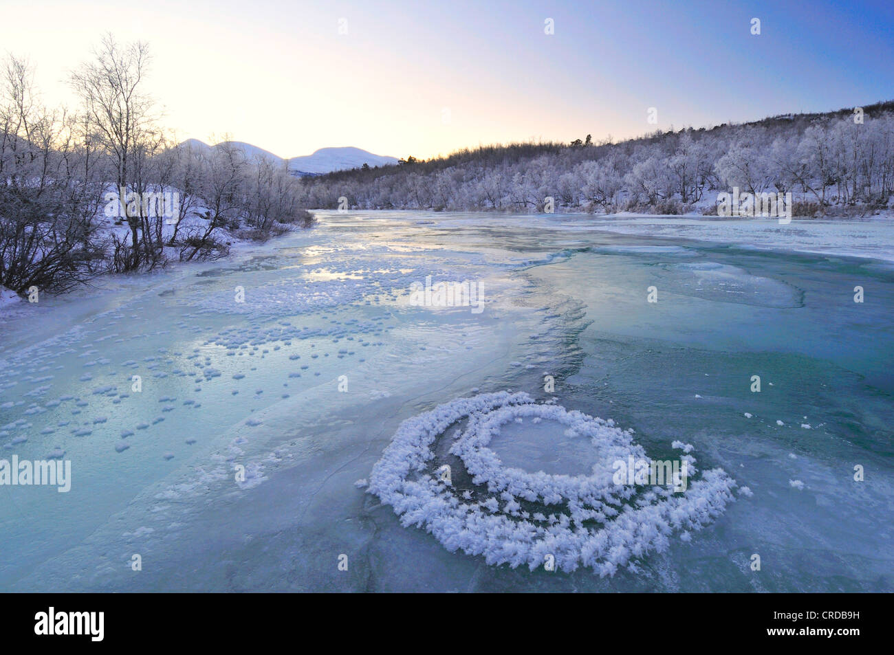 Frozen River Abiskojkka, Svezia, la Lapponia Norrbotten, Abisko National Park Foto Stock