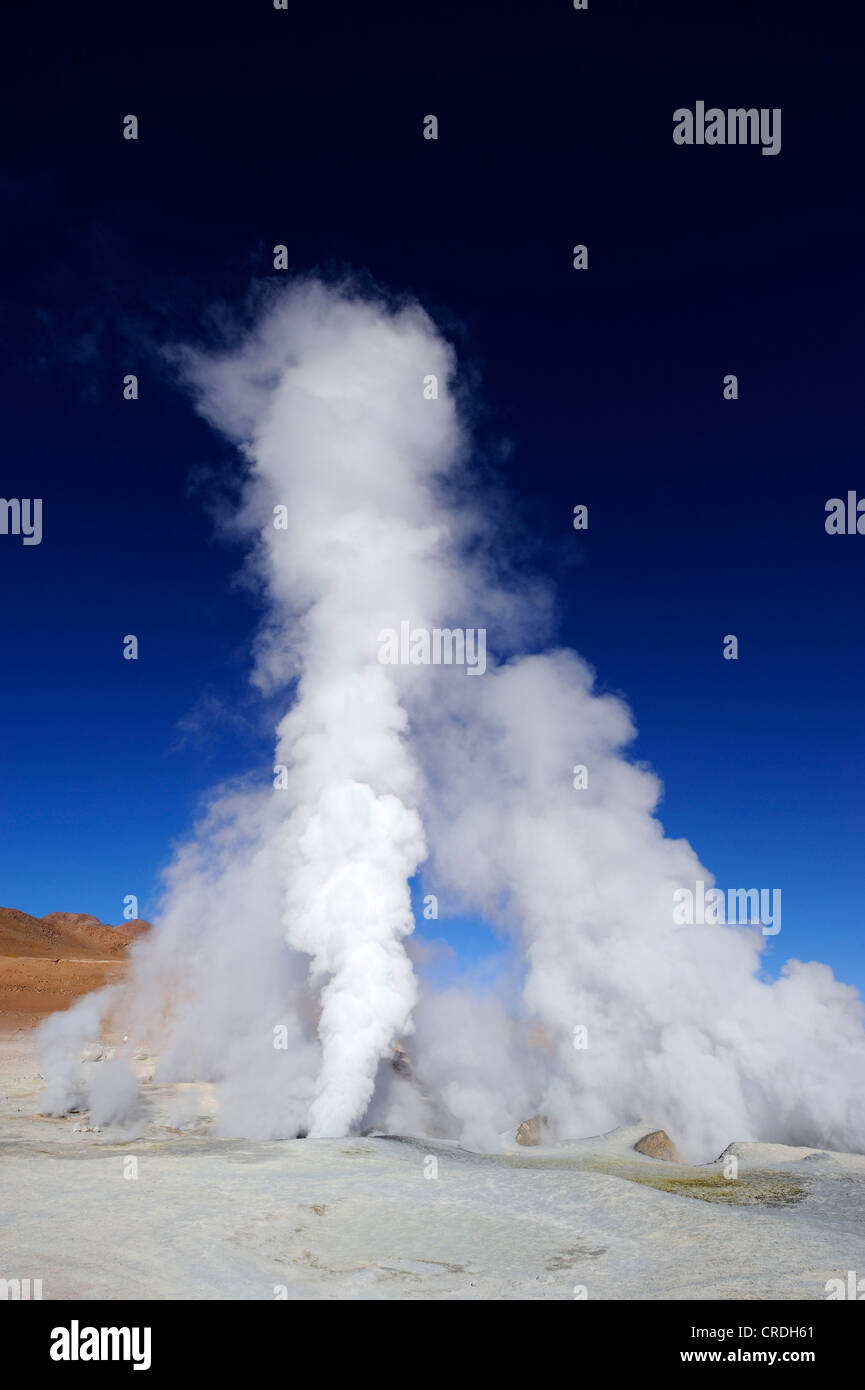Geyser con vapore acqueo contro un profondo cielo blu, Uyuni, Bolivia, Sud America Foto Stock