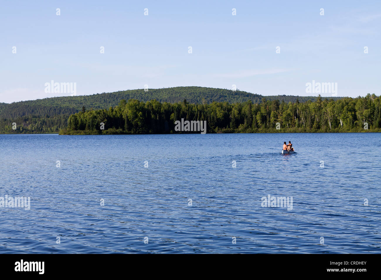 2 Maschi pagaiando su una canoa sul lago Wapizagonke in Mauricie Park, Quebec, Canada. Foto Stock