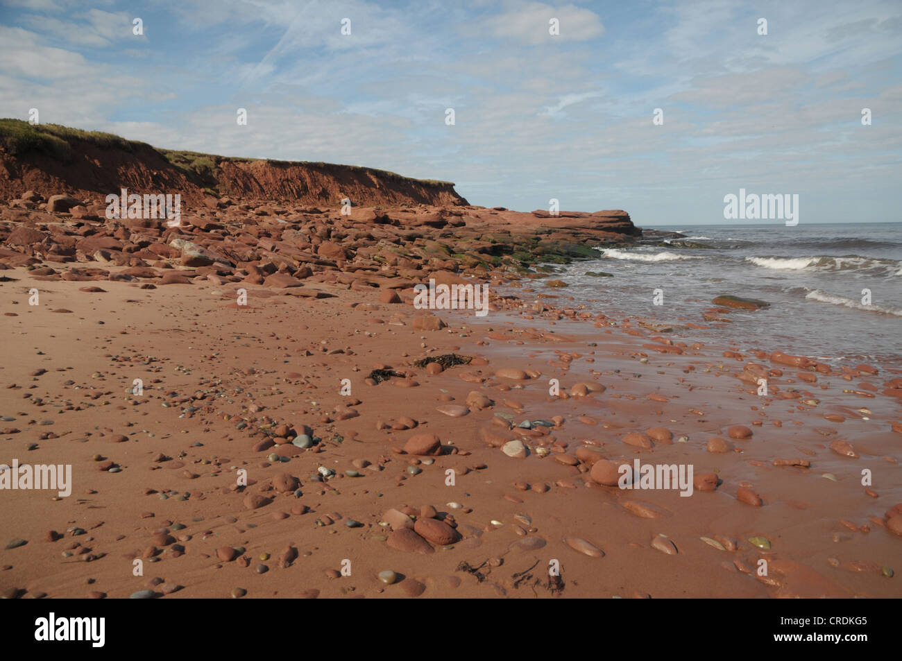 Le rocce rosse di Prince Edward Island, Canada offrono una vista panoramica dell'Oceano Atlantico e la spiaggia sottostante. Foto Stock