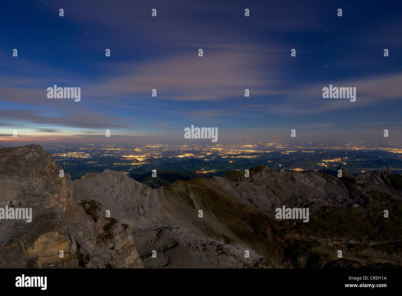 Saentis Mt alla luce della luna piena, gamma Alpstein, Svizzera, Europa Foto Stock
