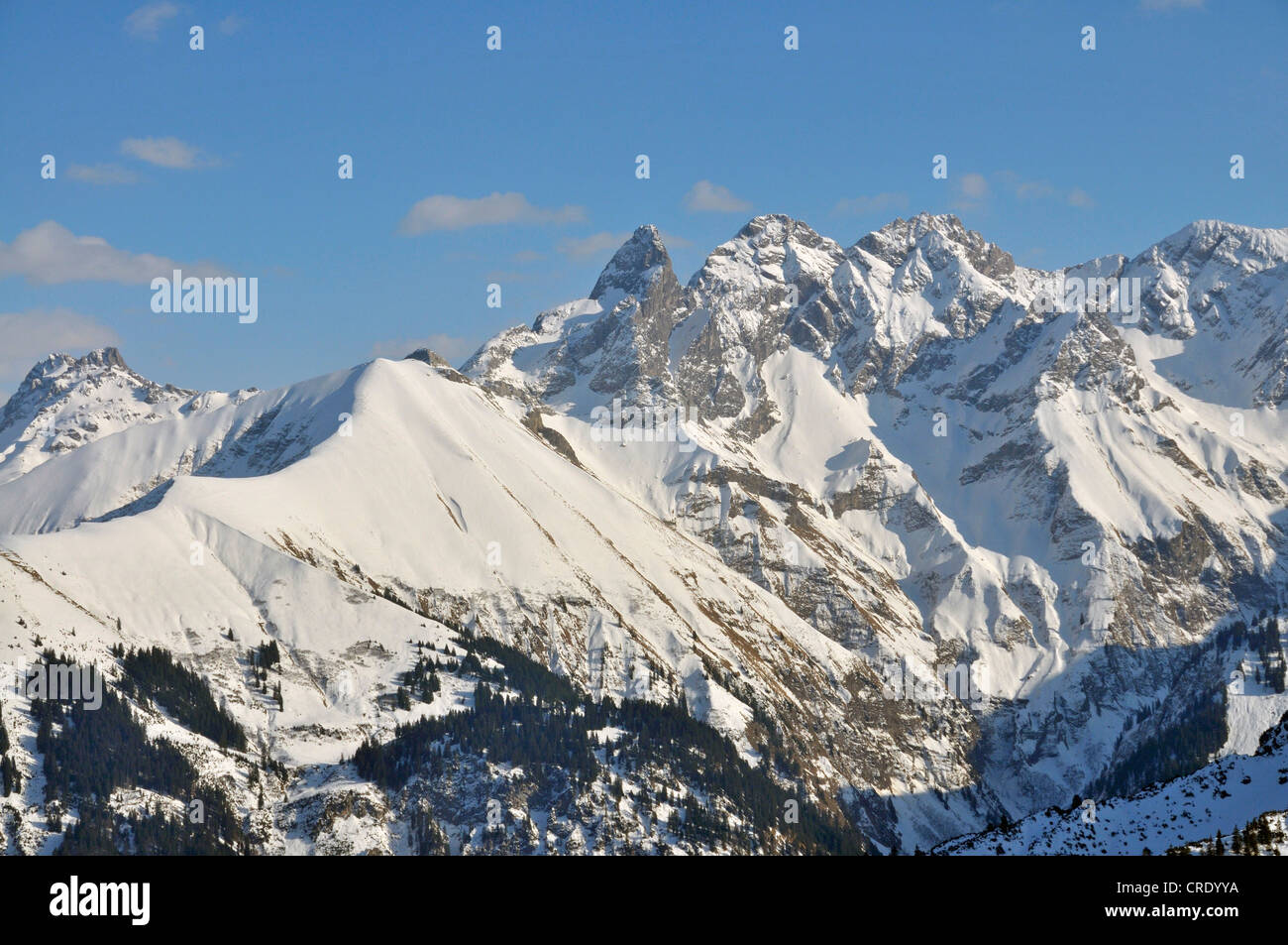 Allgaeuer Hauptkamm cresta di montagna come si vede da Fellhorn mountain, inverno, neve Oberstdorf, Allgaeu Alpi, Allgaeu regione Foto Stock