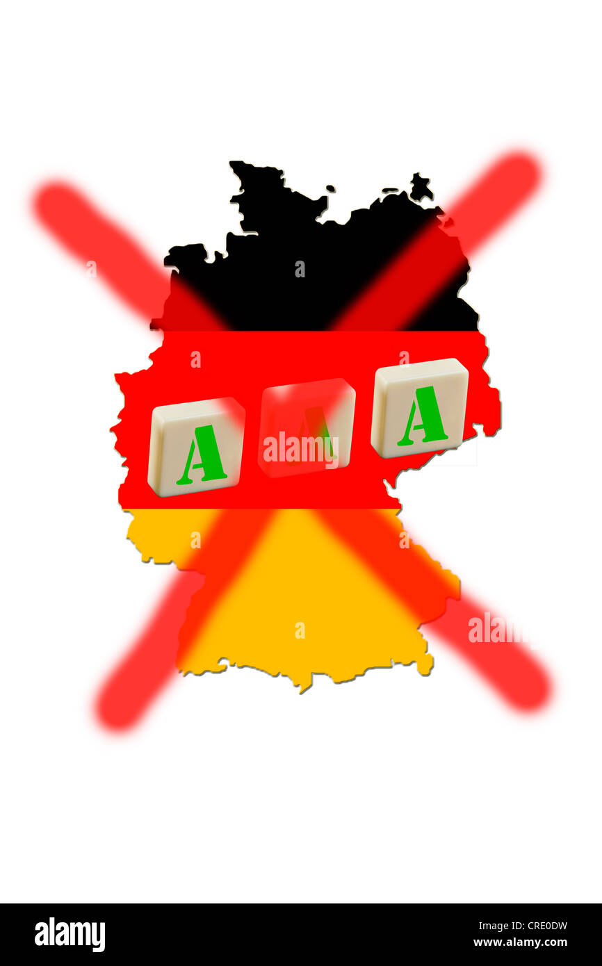 Mappa della Germania con caratteri AAA barrata, immagine simbolica per la perdita del triplo di un rating per la Germania Foto Stock