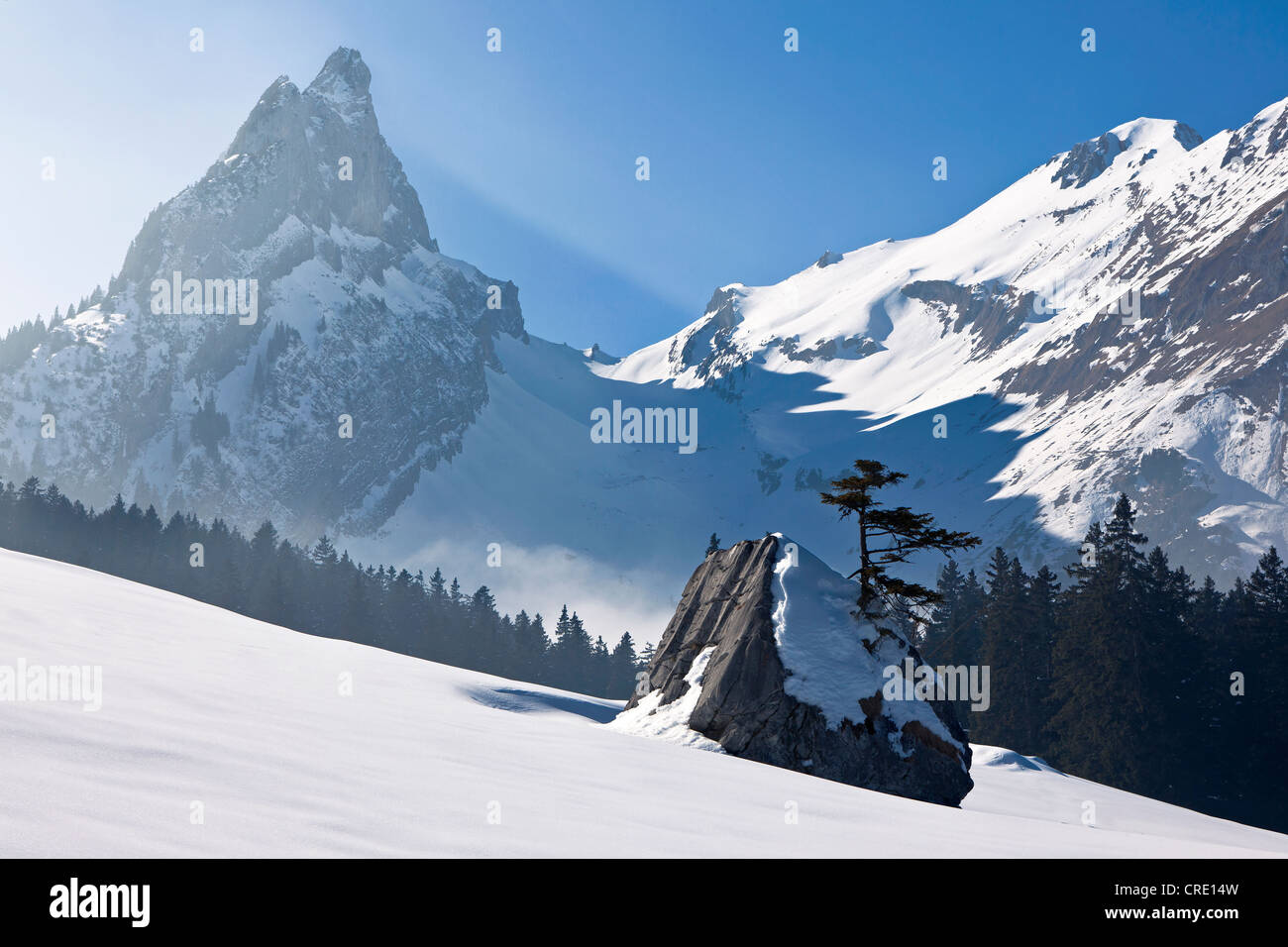 Snow Landscape, Faelensee Lago e Bollenwees, Alpstein, Alpi, Appenzell, Svizzera, Europa Foto Stock