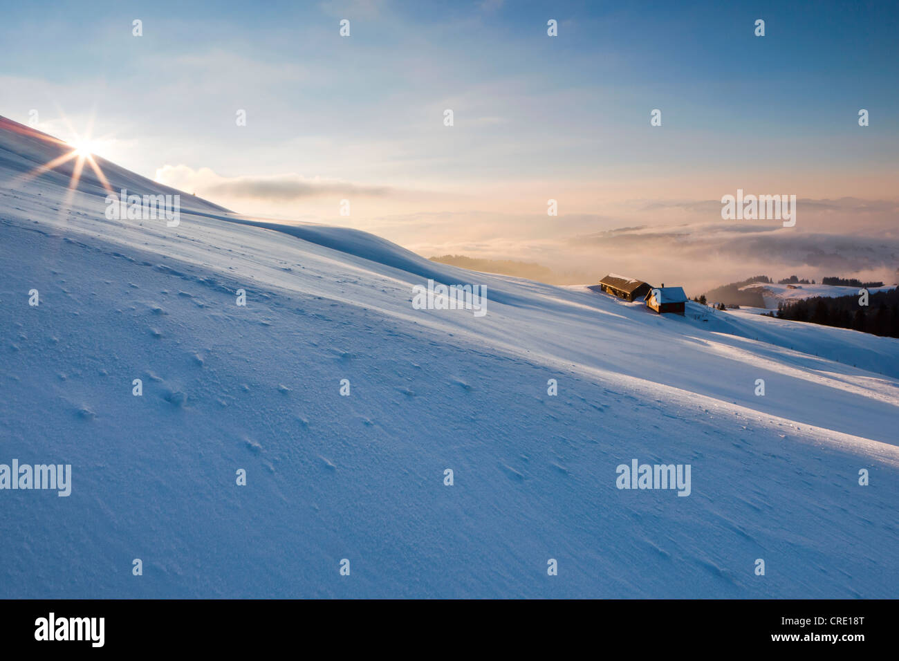 Atmosfera serale sulla Hochalp invernale di montagna, pascolo alpino, alpi svizzere, Alpstein massiccio e montagna Saentis, Svizzera, Europa Foto Stock