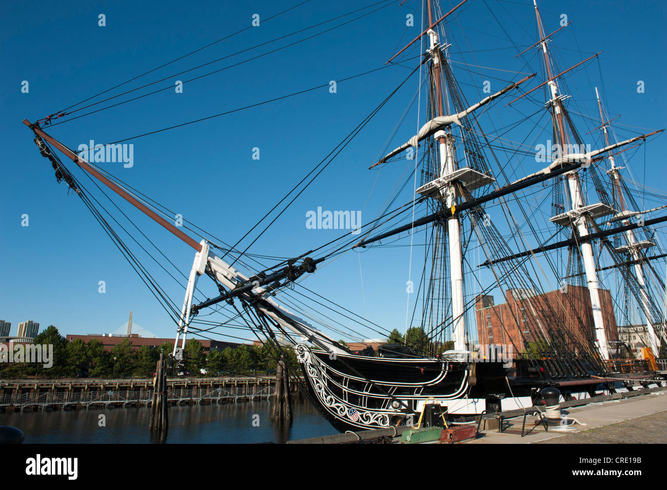USS Constitution, nave museo, prua, piloni, rigging, fregata, U.S. Navy, Charlestown Navy Yard, Freedom Trail, Boston Foto Stock