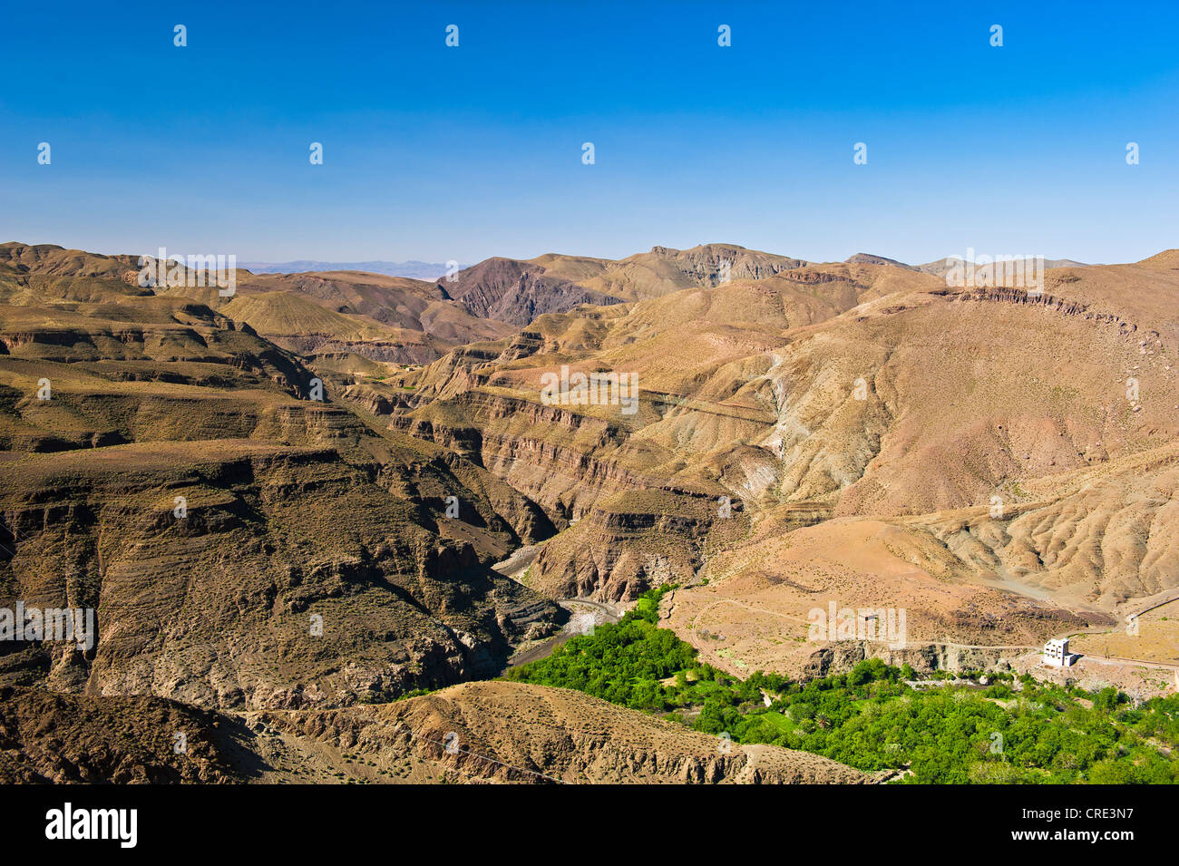 Canyon-come il paesaggio di montagna con una casa e un fiume oasi con alberi e campi coltivati, Alto Atlante, Marocco Foto Stock