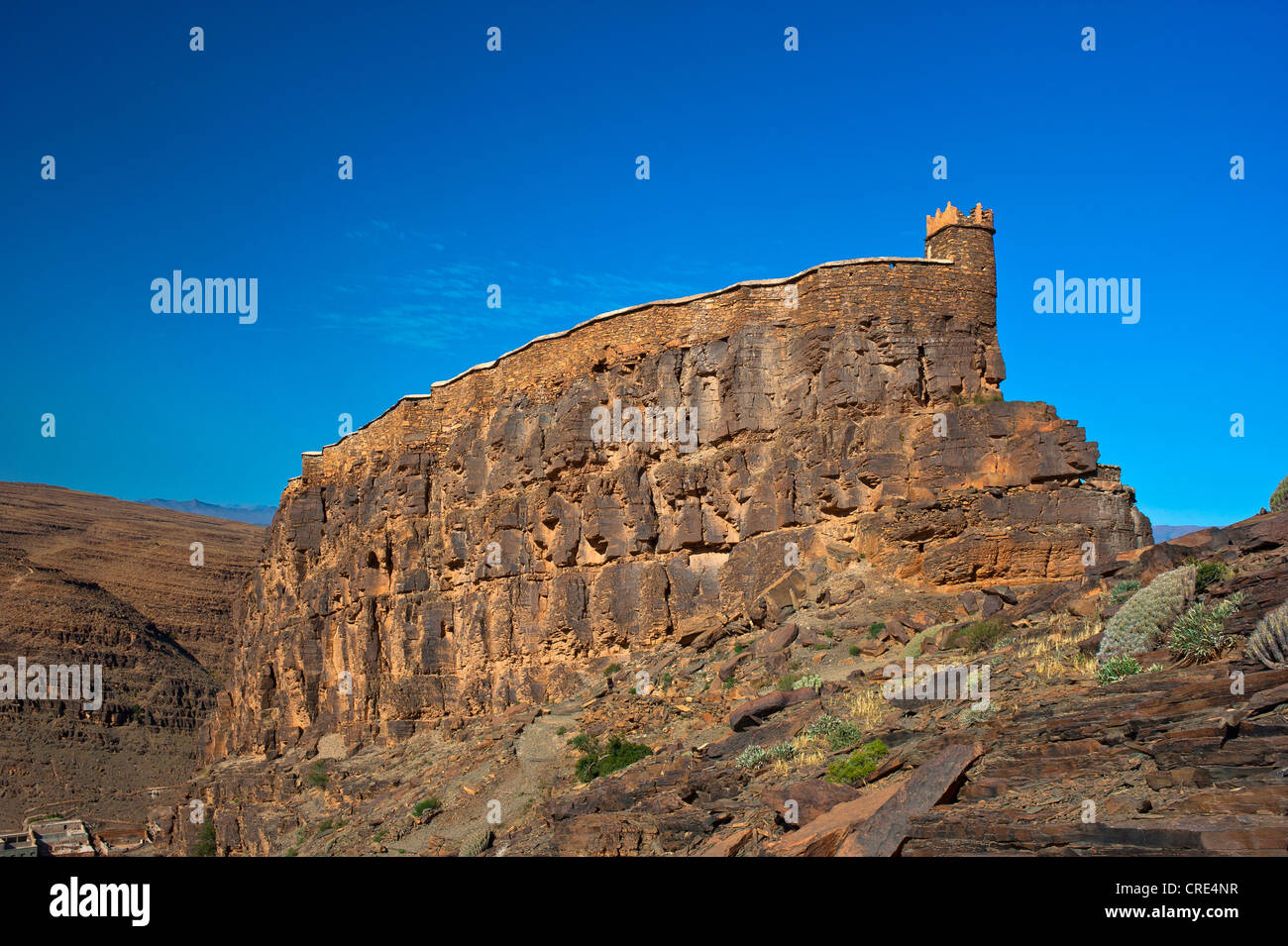 Granaio fortificato, Agadir Id Aissa, in cima a una scogliera, Amtoudi, Anti-Atlas montagne, sud del Marocco, Marocco, Africa Foto Stock