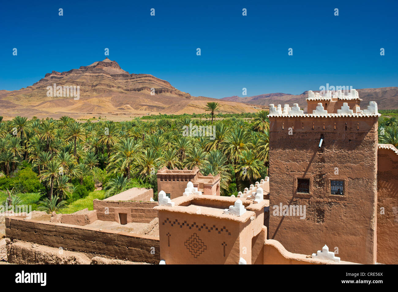 Vista dal tetto del Qaid Ali Kasbah, Asslim, affacciato su un Palm grove e il Djebel Kissane mountain, Agdz, Draa-Valley Foto Stock