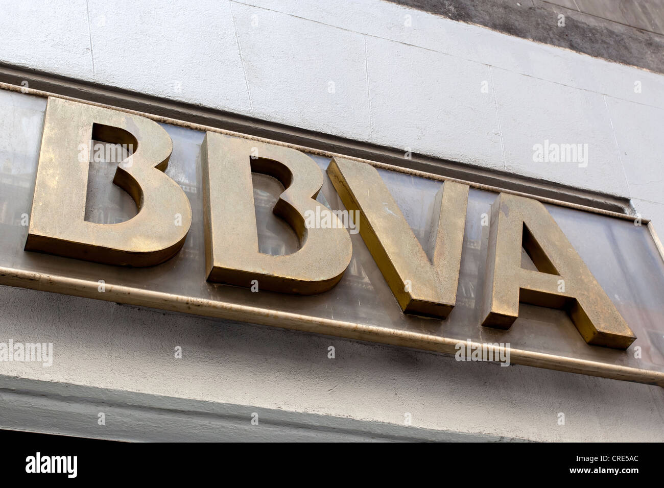 Il logo, scritte, la banca spagnola BBVA, Banco Bilbao Vizcaya Argentaria, Madrid, Spagna, Europa Foto Stock