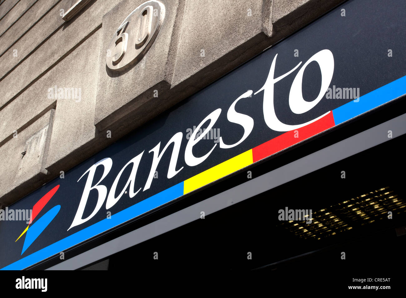 Logo e la banca spagnola Banesto, Banco Espanol de Credito, Madrid, Spagna, Europa Foto Stock