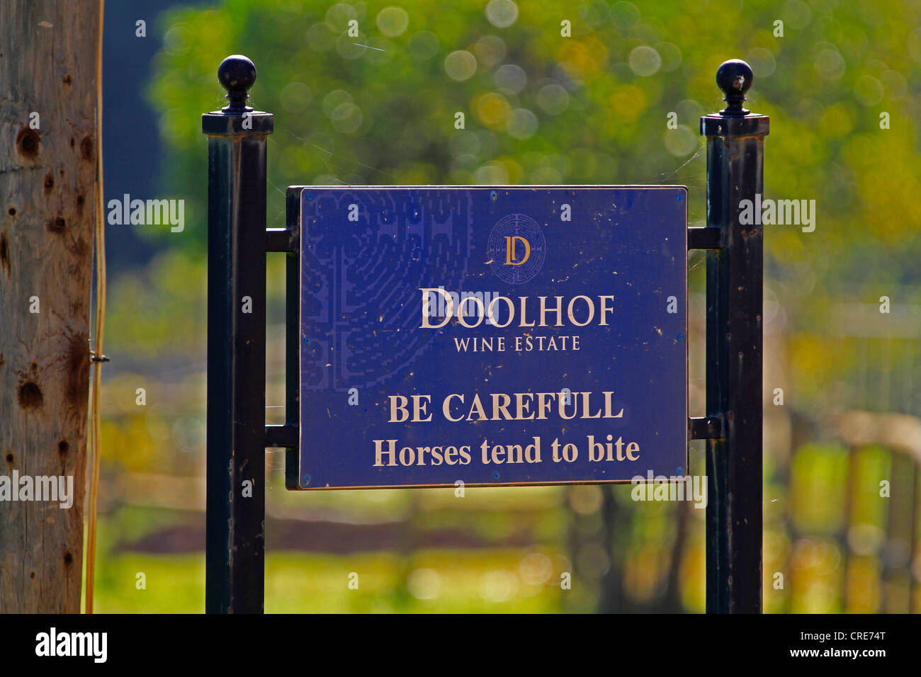 Sign on Doolhof wine estate in Stellenbosch nel Cape Winelands, avviso di persone che i cavalli morso. Foto Stock