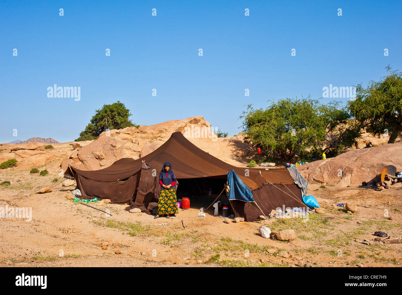 Giovane berbero donna in piedi di fronte alla sua tenda nomade, Anti-Atlas montagne, sud del Marocco, Africa Foto Stock