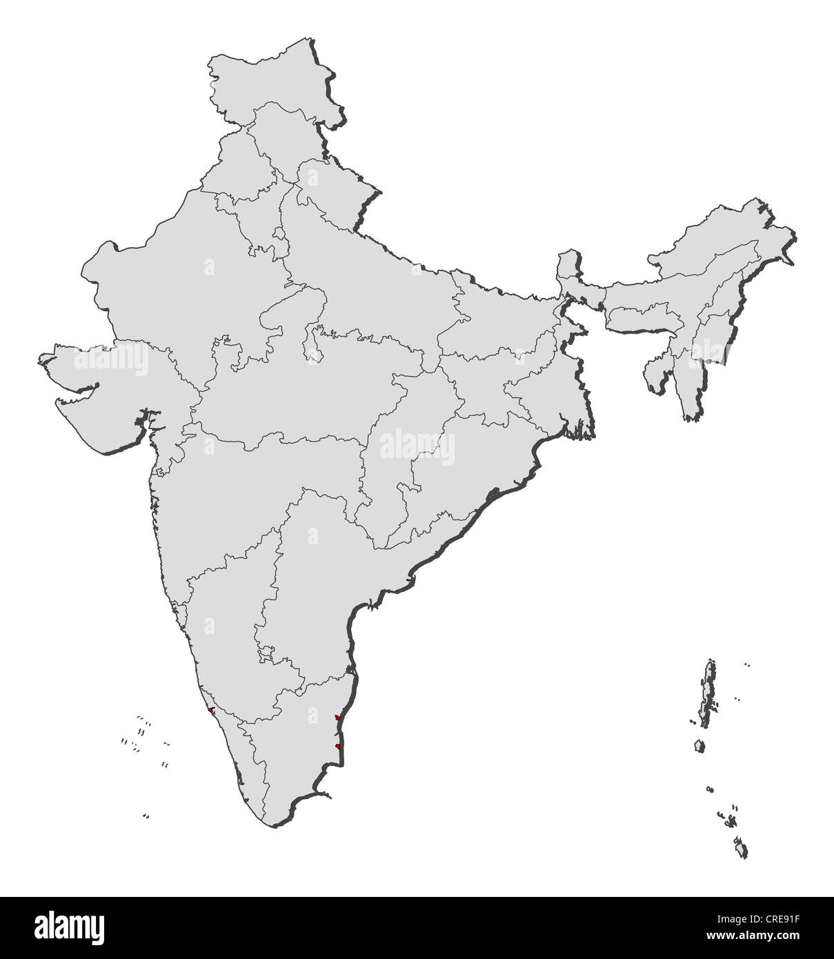 Mappa politico dell'India con i vari Stati in cui Puducherry è evidenziata. Foto Stock