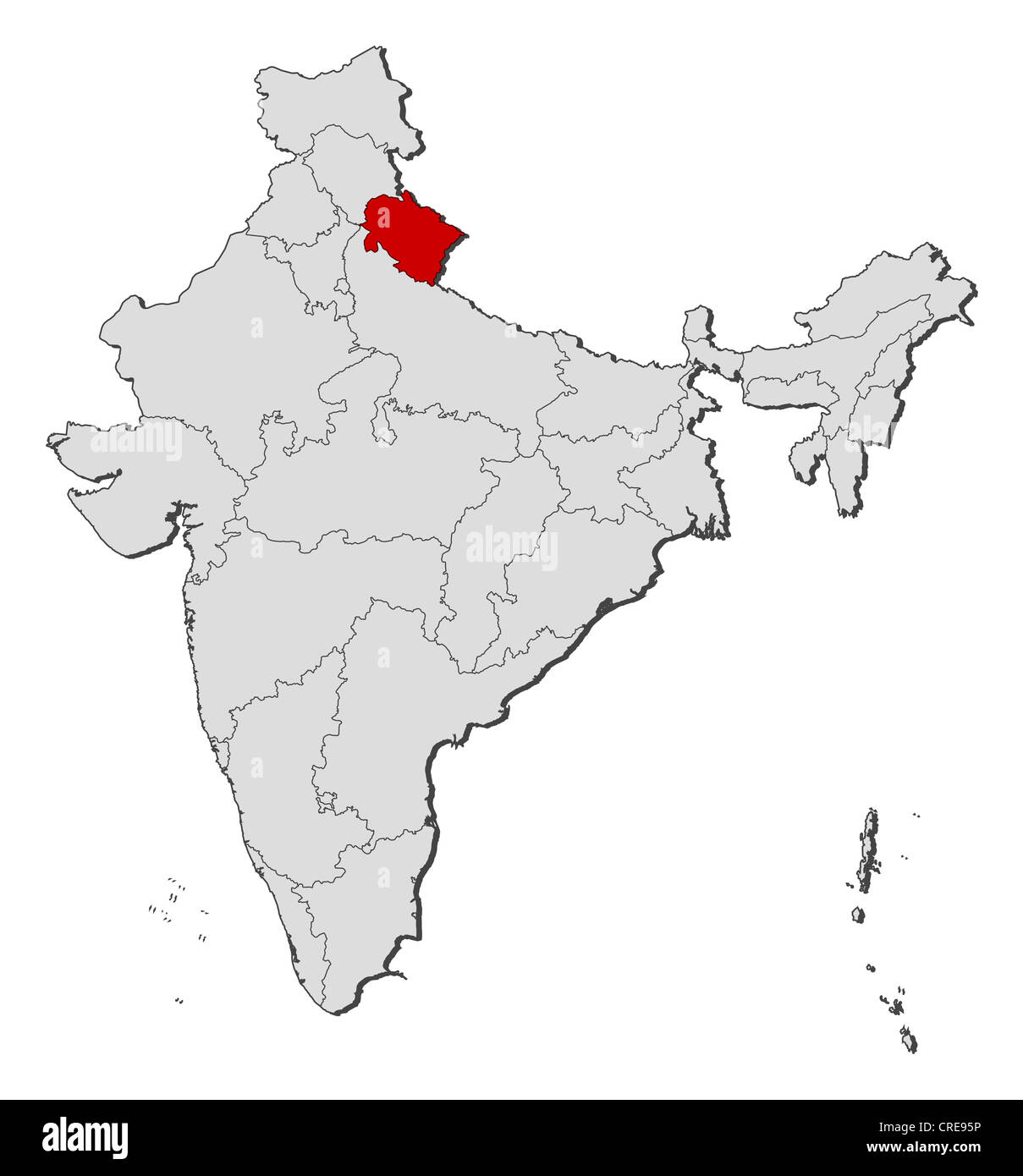 Mappa politico dell'India con i vari Stati in cui Uttarakhand è evidenziata. Foto Stock