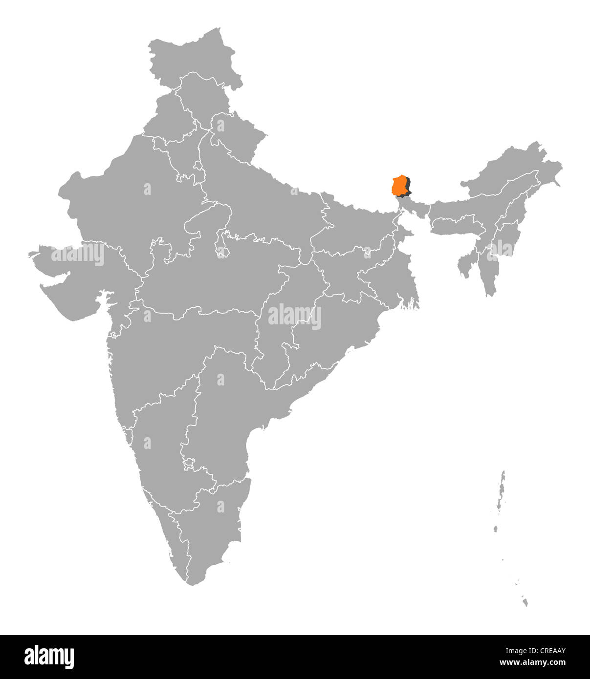 Mappa politico dell'India con i vari Stati in cui il Sikkim è evidenziata. Foto Stock