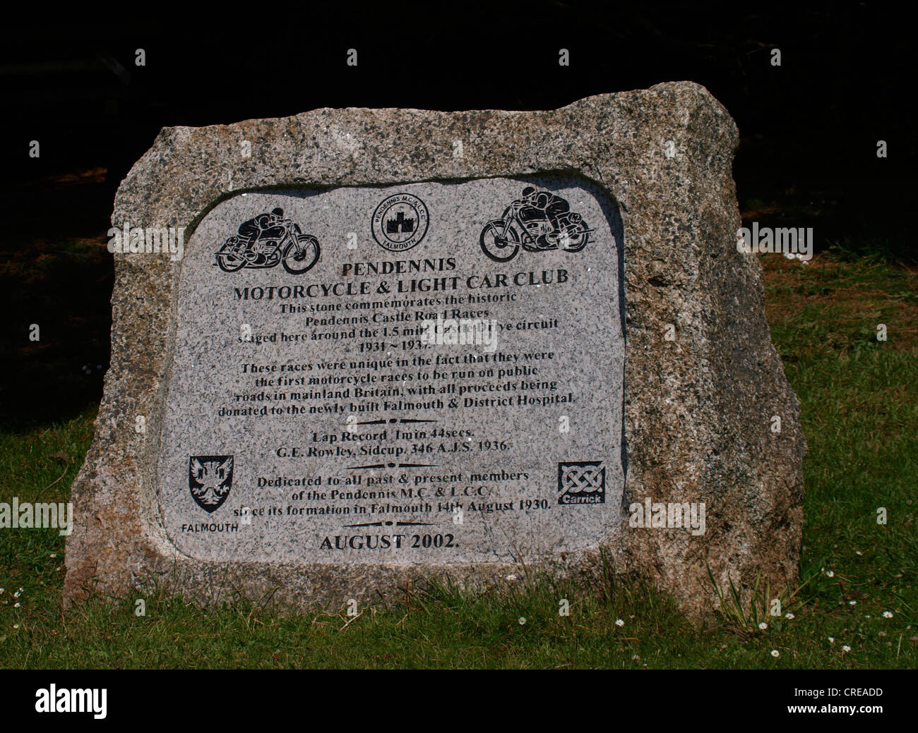 Lapide in memoria Pendennis Castle Road Races, Falmouth, Cornwall, Regno Unito Foto Stock