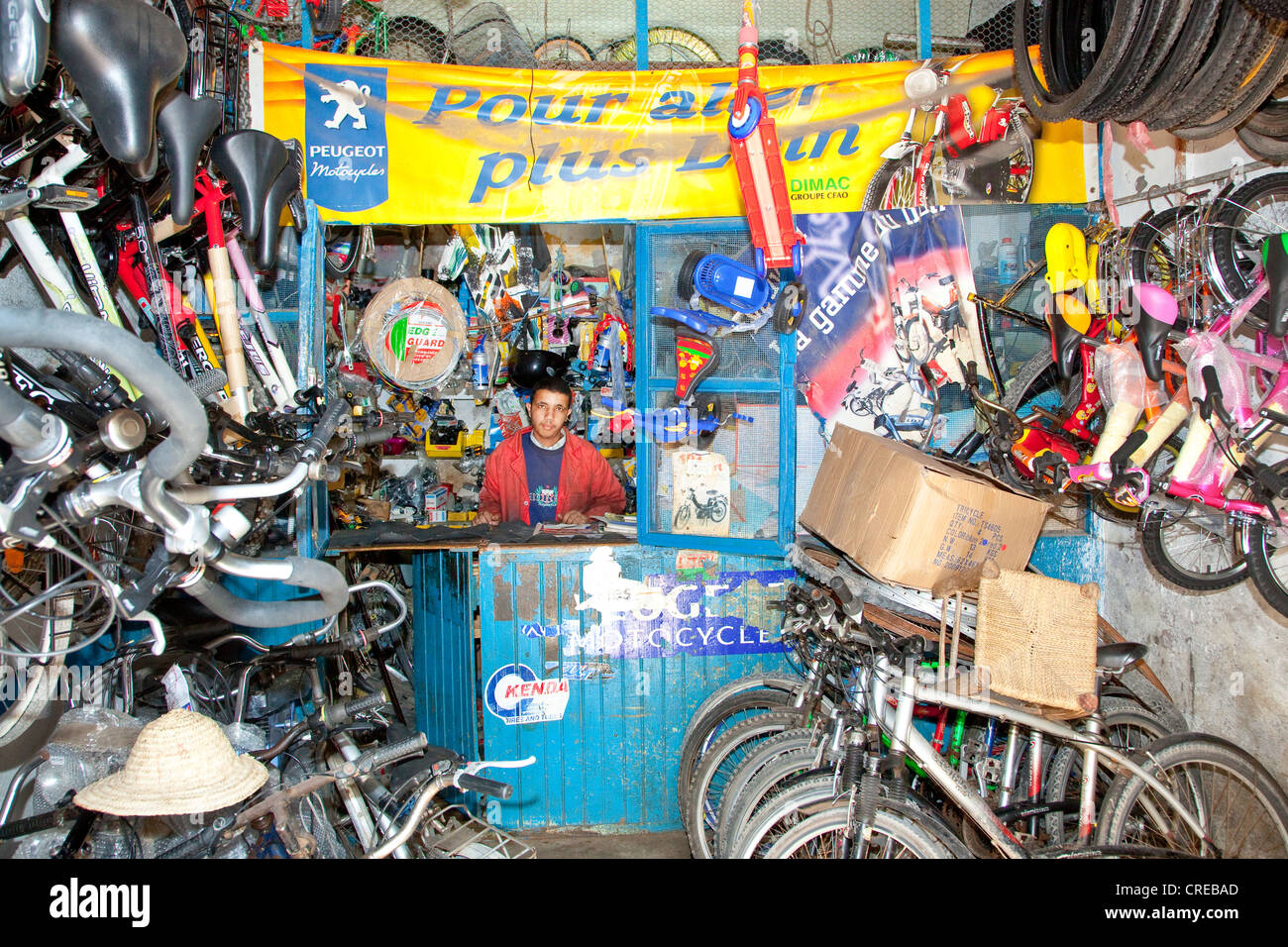 Negozio di biciclette nel centro storico o la medina, Sito Patrimonio Mondiale dell'UNESCO, Essaouira, Marocco, Africa Foto Stock