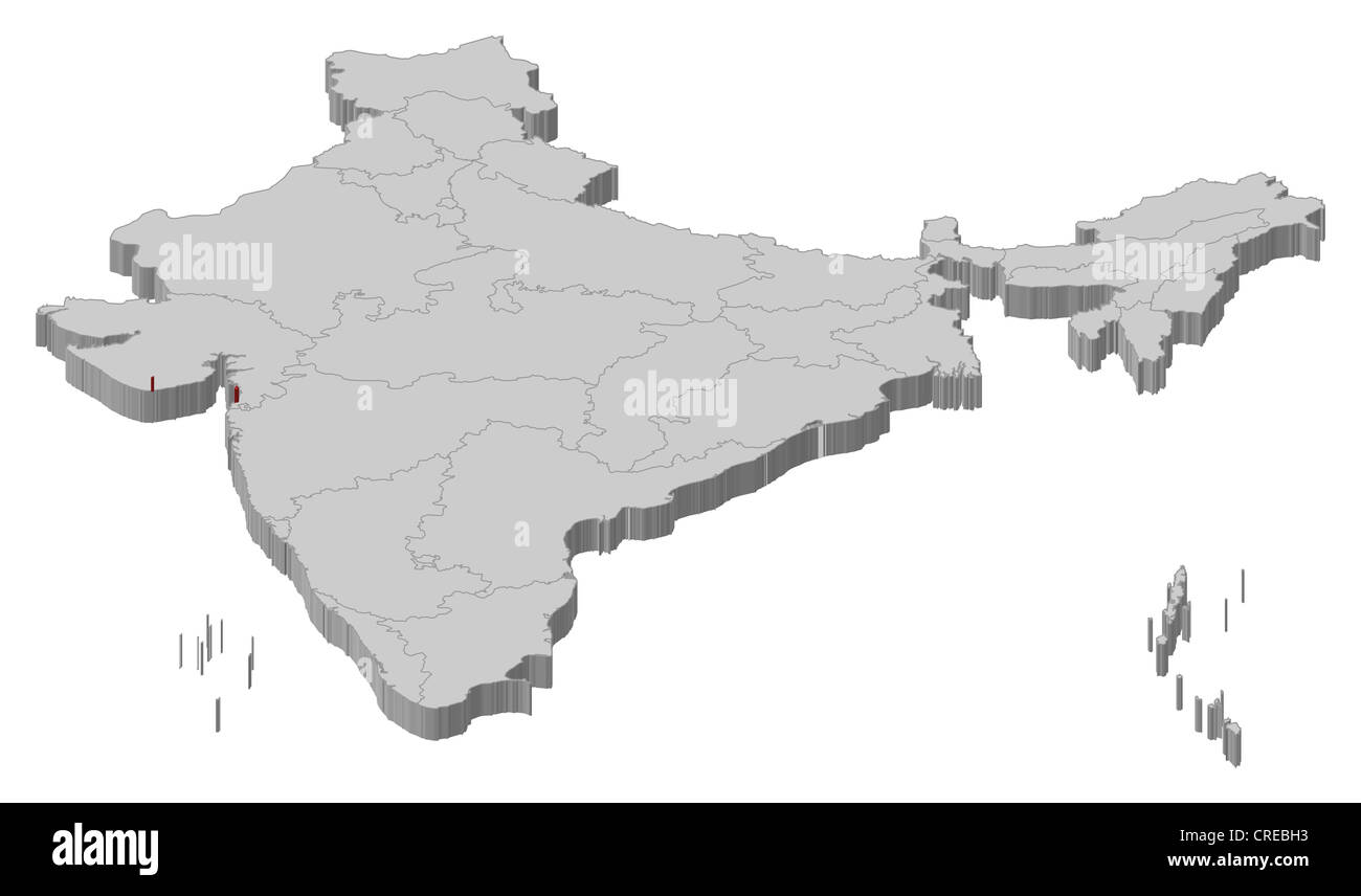 Mappa politico dell'India con i vari Stati in cui Daman e diu sono evidenziati. Foto Stock