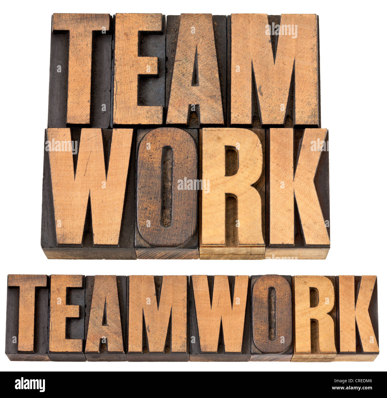 Lavoro di squadra - testo isolato in rilievografia vintage tipo legno, due formati Foto Stock