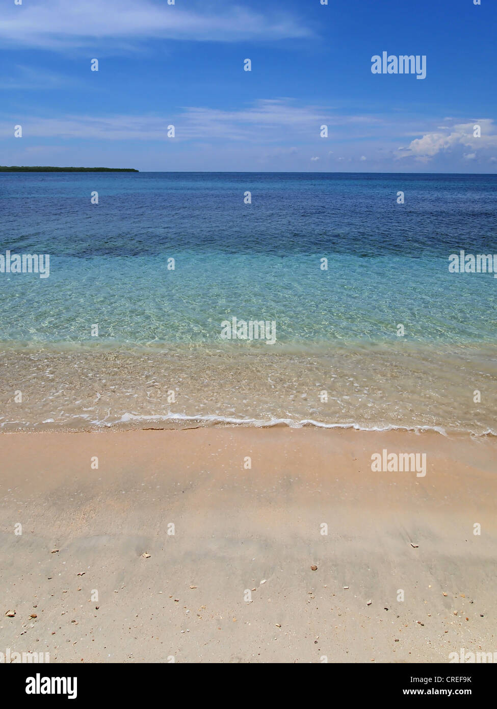 Spiaggia sabbiosa tropicale con chiare e calme acque del mare dei Caraibi, Panama, Zapatilla cayes Foto Stock